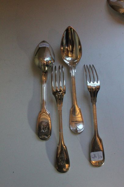 null Twelve spoons and twelve forks in silver800and 950 thousandths, model monogrammed...