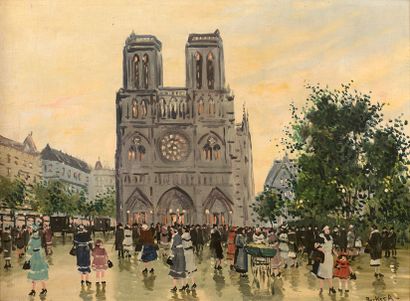 Antal BERKES (1874-1938) 
Paris, animation devant Notre-Dame
Huile sur toile, signée...