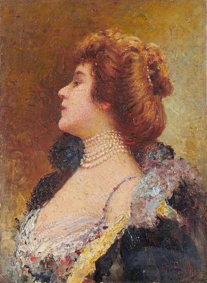 École du XIXe siècle 
Portrait de femme de profil
Huile sur toile marouflée sur panneau,...