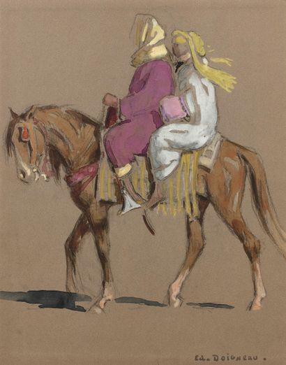Edouard DOIGNEAU (1865-1954) 
Deux cavaliers arabes sur un cheval
Gouache, signée...