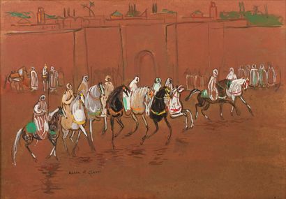 HASSAN EL GLAOUI (1923-2018) 
Cavaliers devant les remparts de Marrakech, vers 1970/1980
Gouache...
