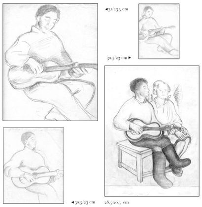 Nathalie Parain (1897-1958) Portraits de guitaristes. Sur 5 ff. : 5 dessins au crayon,...