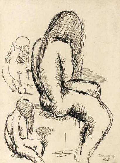 Marcel GROMAIRE (1892-1971) Trois études de nus assis, 1925 Encre de Chine signee...