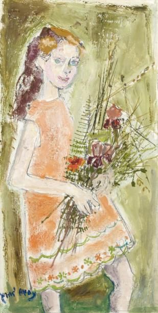 Edouard Georges MAC AVOY (1905-1991) Petite fille au bouquet, 1957 Huile et traits...