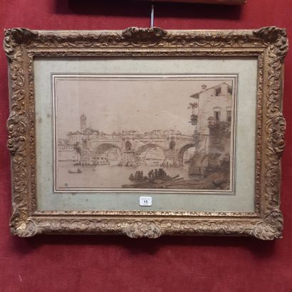 VICTOR-JEAN NICOLLE (1754-1826) Le Ponte Rotto à Rome
Plume, lavis, aquarelle. 19,5...