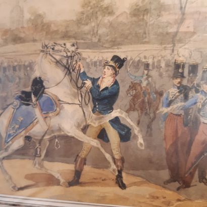 Hippolyte LECOMTE (1781-1857) Cheval rétif, parade militaire
Aquarelle, signée en...