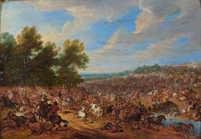 Atelier d'Adam Frans Van der MEULEN (1632-1690) Combat de cavalerie près d'un pont
Huile...