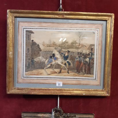 Hippolyte LECOMTE (1781-1857) Cheval rétif, parade militaire
Aquarelle, signée en...