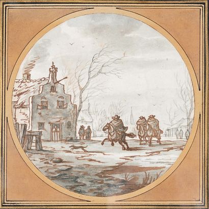 Attribué à Aarnont Ter HIMPEL (né en 1643) Paysage d'hiver avec trois cavaliers
Pierre...