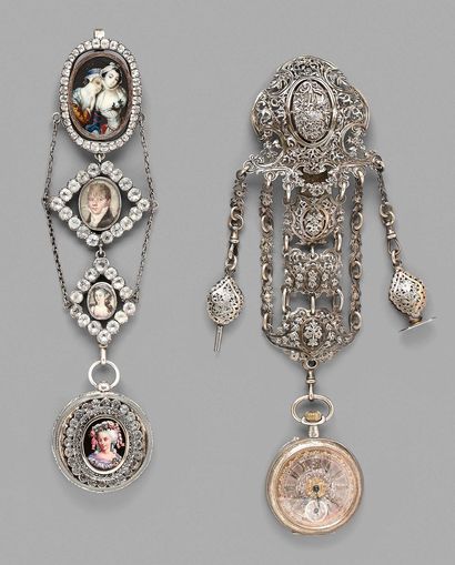 Two silver and silver-plated metal chatelaines,...