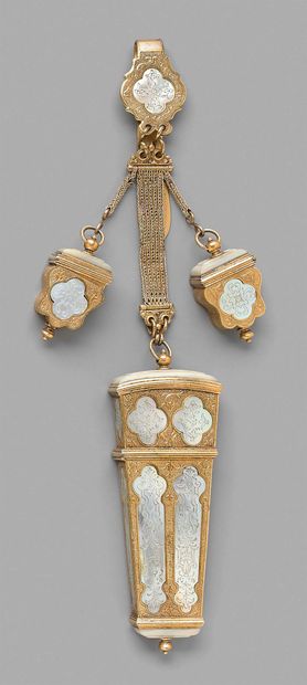 null Mother-of-pearl frame engraved with rosettes and foliage clasps holding two...