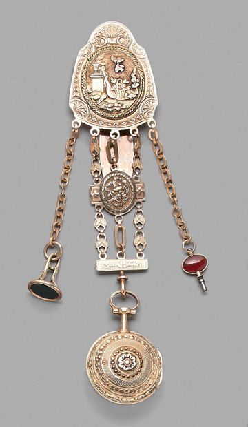 Three-tone gold and vermeil chatelaine decorated...