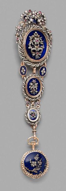 null A silver and vermeil brooch with three medallions of flowers and foliage on...