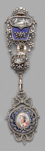 Silver chatelaine decorated with three blue...