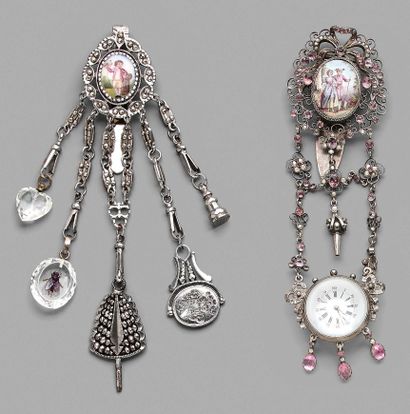 null Four chatelaines, three of which are silver: one decorated with a porcelain...