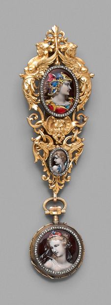 Alphonse FOUQUET Yellow gold chatelaine decorated with two polychrome enamelled medallions...