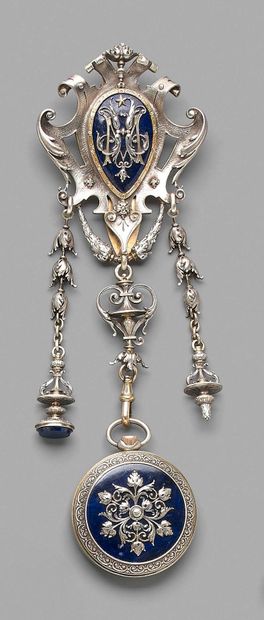FANNIERE Frères Silver chatelaine in the form of a monogrammed cartouche on a lapis...