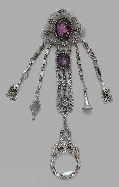 null Set of three chatelaines, two in openwork steel, one set with intaglios on violet...