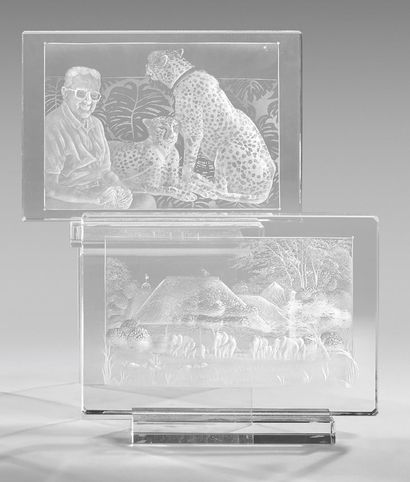 null Deux plaques rectangulaires en cristal gravé représentant une propriété en Afrique...