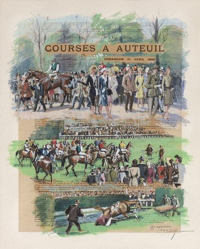 Maurice TAQUOY (1878-1952) 
Courses à Auteuil, dimanche 21 avril 1946
Gouache sur...