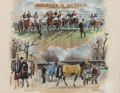 Maurice TAQUOY (1878-1952) 
Courses à Auteuil, dimanche 6 décembre 1942
Gouache sur...