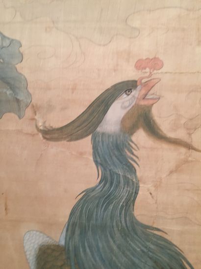 CHINE - XIXe siècle 
Encre et couleurs sur soie, marouflée sur toile, couple de phénix...