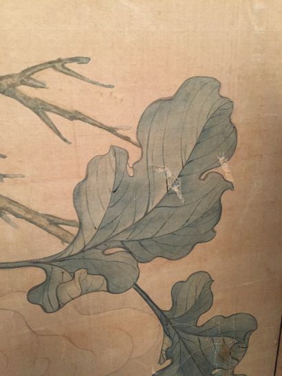 CHINE - XIXe siècle 
Encre et couleurs sur soie, marouflée sur toile, couple de phénix...