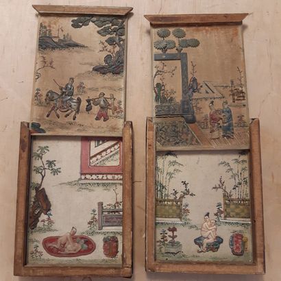 CHINE - XVIIIe/XIXe siècle 
Deux petits panneaux coulissants d'encres et couleurs...