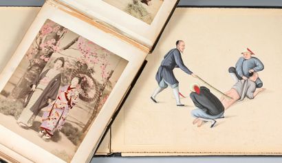 CHINE, Canton - XIXe siècle 
Album comprenant dix-sept gouaches illustrant des scènes...