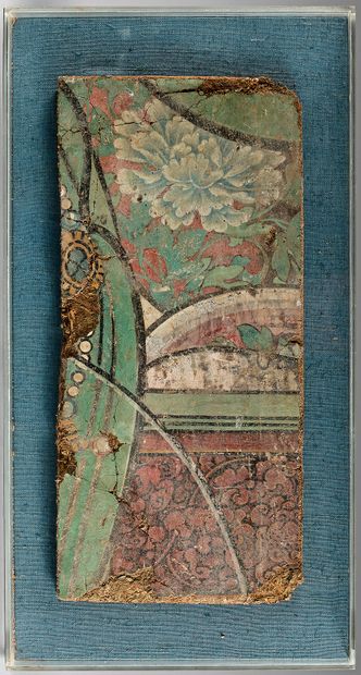 CHINE - Epoque MING (1368-1644) 
Fragment de peinture murale, polychrome montrant...