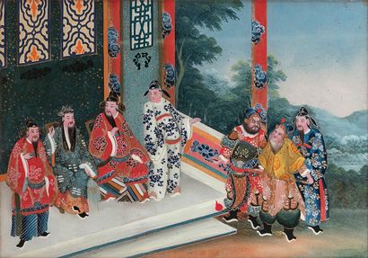 CHINE - Début du XXe siècle 
Two fixtures under glass, scholars playing go and dignitaries...
