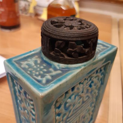 CHINE Rectangular shaped porcelain bottle with turquoise blue enamel on the biscuit...