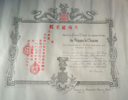null Annam - Ordre du Dragon d'Annam, brevet de grand-croix attribué à «Monsieur...