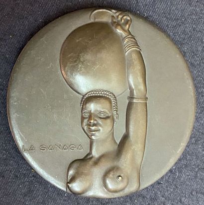 null Cameroon, Édéa dam, 1954, by Simon, bronze medal with dark patina, Monnaie de...