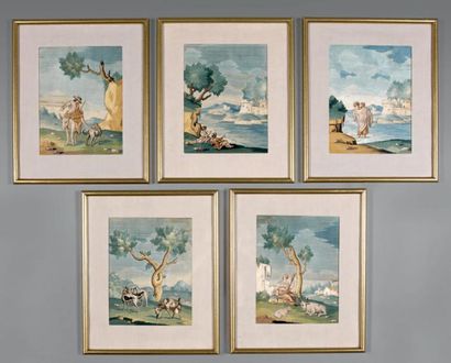 null Cinq Peintures "à l'aiguille" ornées de paysages italiens animés de personnages...