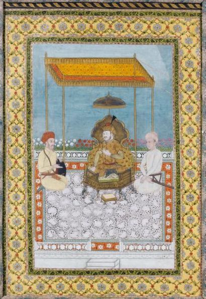 null L'Empereur Akbar recevant deux dignitaires sur une terrasse Miniature encollée...