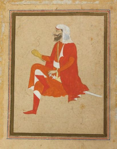 null Portrait d'un Sikh Gouache sur papier cartonné. Vêtu d'un habit rouge et orange,...