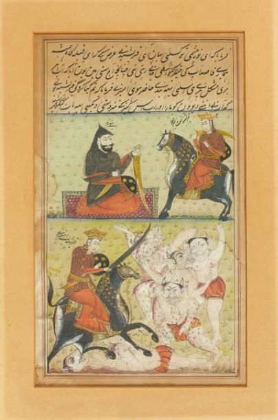 null Scènes de combat Deux miniatures illustrant les épisodes d'un manuscrit, probablement...
