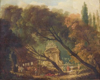 Hubert ROBERT (1733-1808) Les lavandières Huile sur toile. 34,5 x 43,5 cm Exposition:... Gazette Drouot