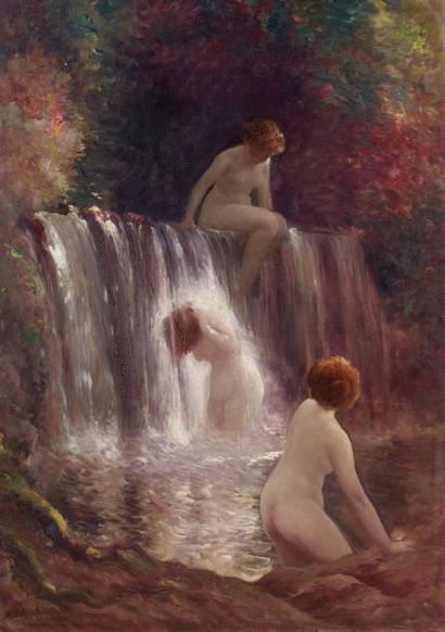 Hermann DELPECH (1865-1918) Baigneuses à la cascade, 1917 Huile sur toile, signée...