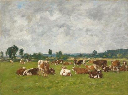 Eugène BOUDIN (1824-1898) Vaches au pâturage, 1880 Huile sur toile, signée et datée...