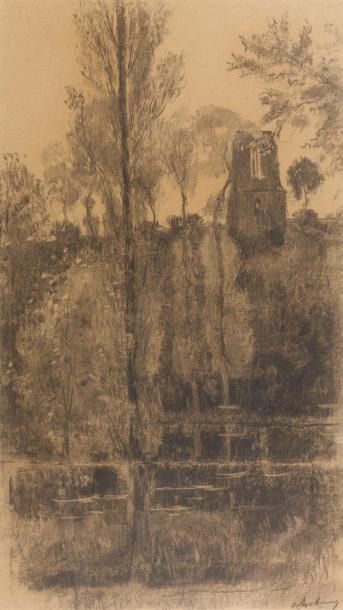 Albert LEBOURG (1849-1928) Étang près de la tour Fusain et estompe, signé en bas...