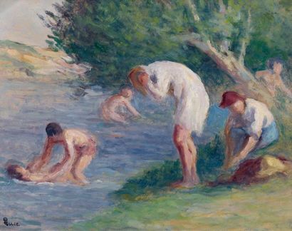 Maximilien LUCE (1858-1941) Enfants à la rivière Huile sur papier marouflé sur toile,...