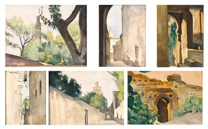André Le MOIGNE (1898-1987) Vue du Maroc Neuf huiles sur panneau et une aquarelle,...
