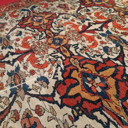 null Persian carpet decorated with stylized foliage scrolls on a white background....