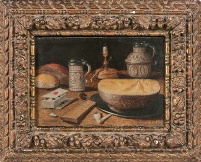 École Flamande du XVIIe siècle Still life with cards
Oil on panel.
(Restorations)....