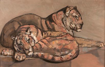 Paul JOUVE (1878-1973) 
Deux tigres couchés, vers 1955
Technique mixte sur carton,...