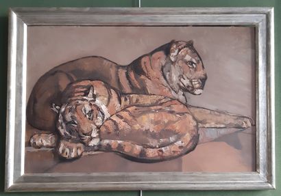 Paul JOUVE (1878-1973) Deux tigres couchés, vers 1955 Technique mixte sur carton,...