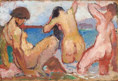 Rodolphe BOLLIGER (1878-1952) 
Tombereau attelé, 1905
Les baigneuses
Oil on double-sided...