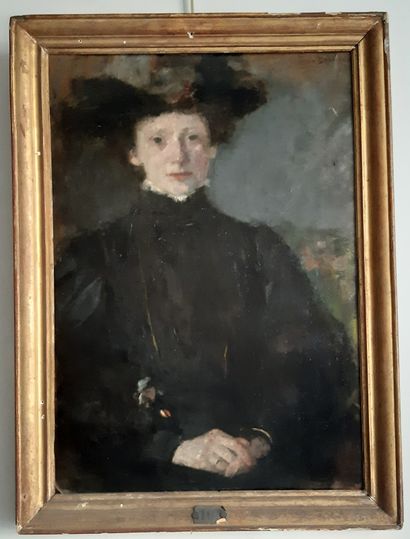Olga BOZNANSKA (1865-1940) 
Étude de jeune-fille en noir
Huile sur carton, signée...